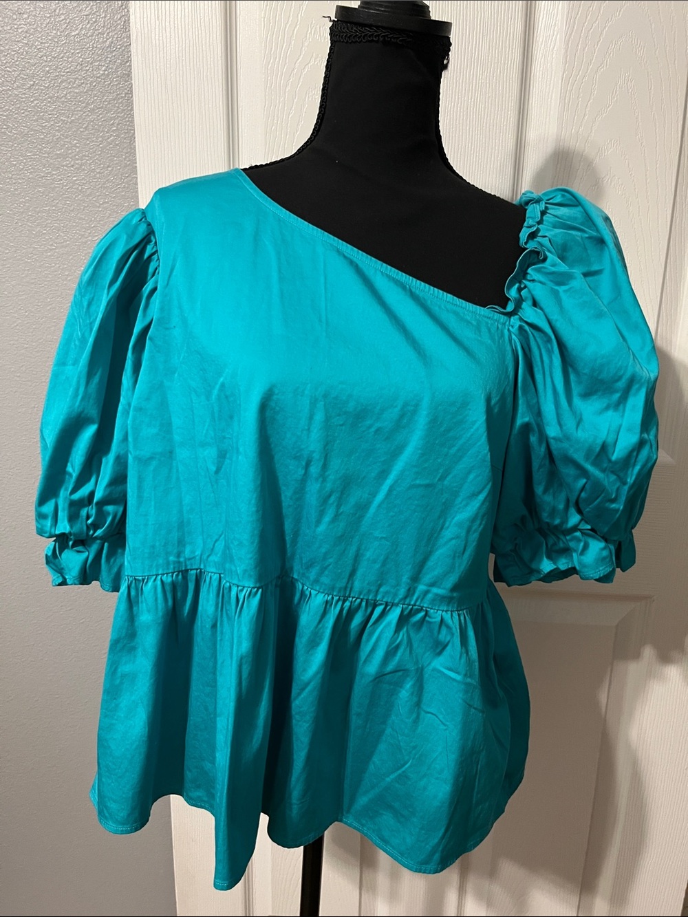 CROSBY Teal Asymmetrical Puff-Sleeve Peplum Top